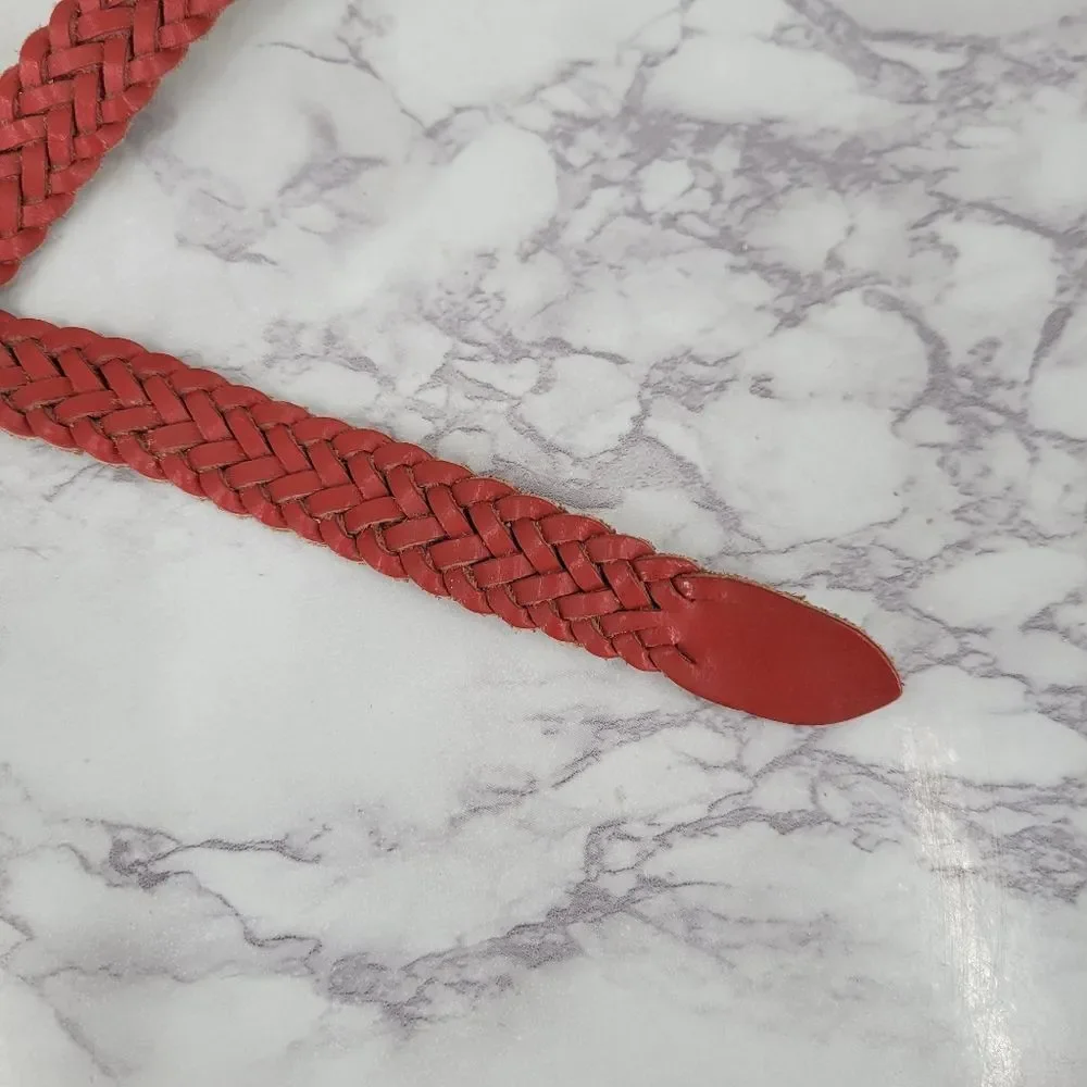 Vintage Braided Woven Coral Red Leather Belt Boho Slender Slim